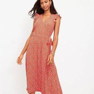 NEW Loft Red Floral Ruffle Sleeve Wrap Midi Dress P904